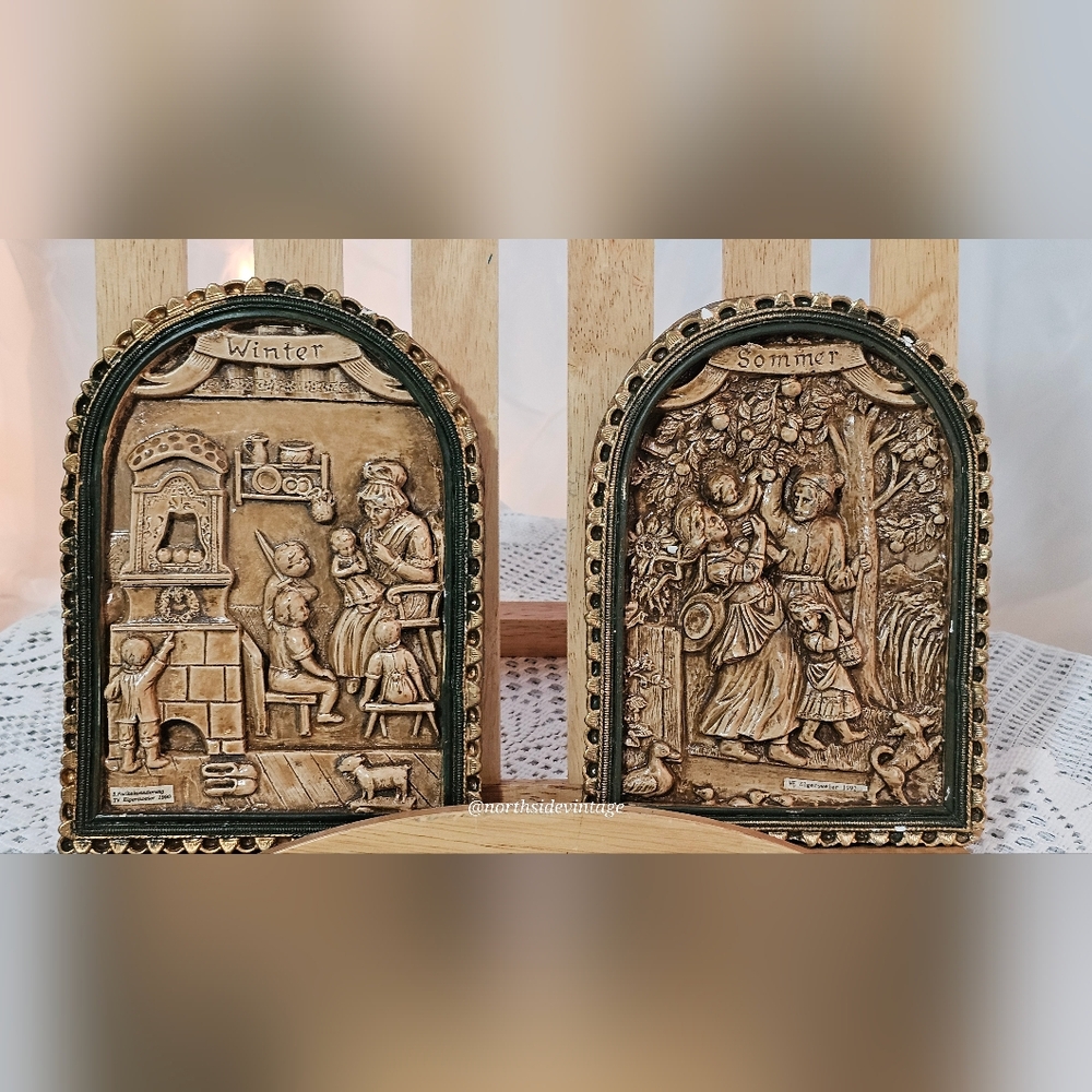 Antique-Style Seasonal Relief Plaques — Winter & Summer in Gold Tone German 90s